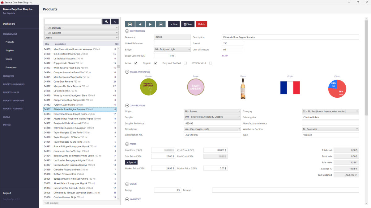 Catalogue de produits avec prix, badges et détails d'inventaire